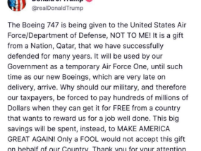 特朗普称波音747是卡塔尔赠送给美国而非其个人的